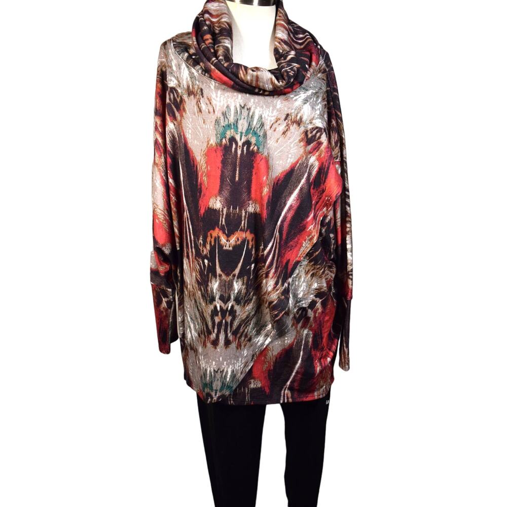 NEW Grace Elements L Wrap Top Cowl Neck Dolman Sleeves Abstract Print Oversized